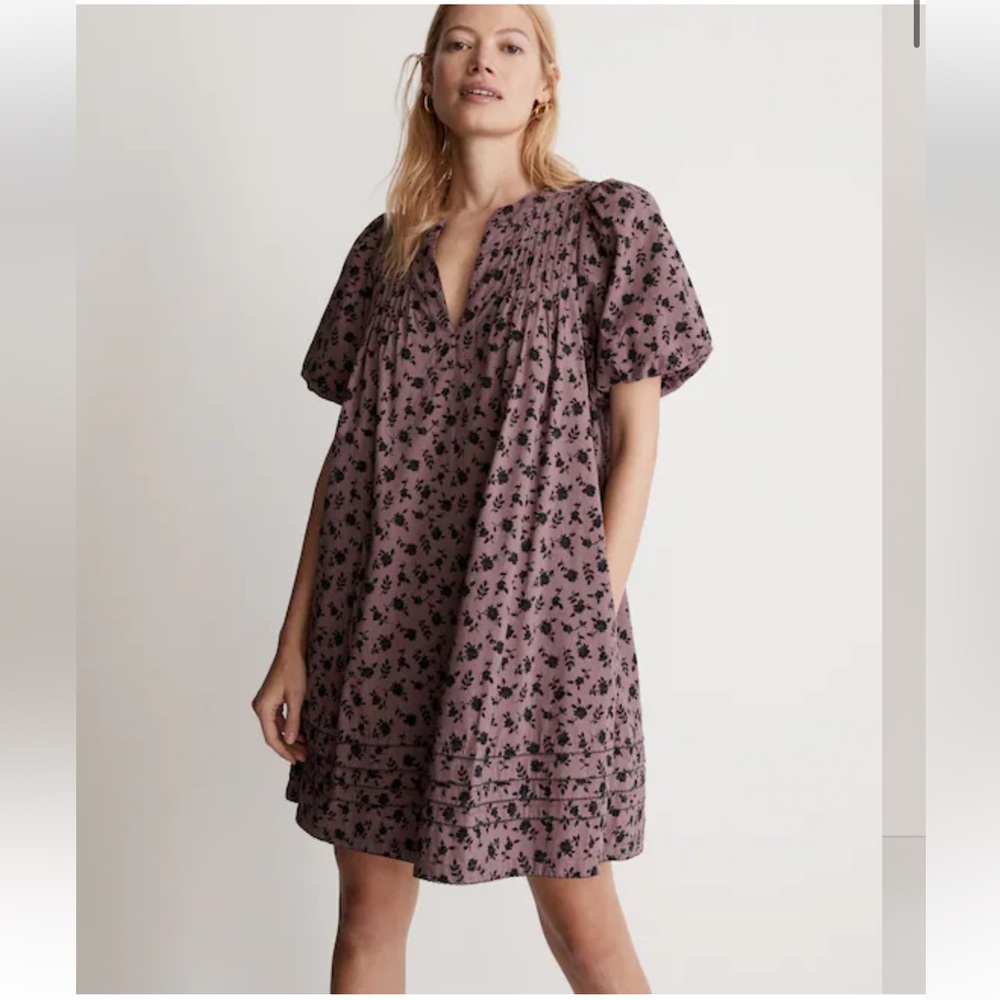 MADEWELL Tillie Puff Sleeve Mini Dress in Shadow Blooms XXS